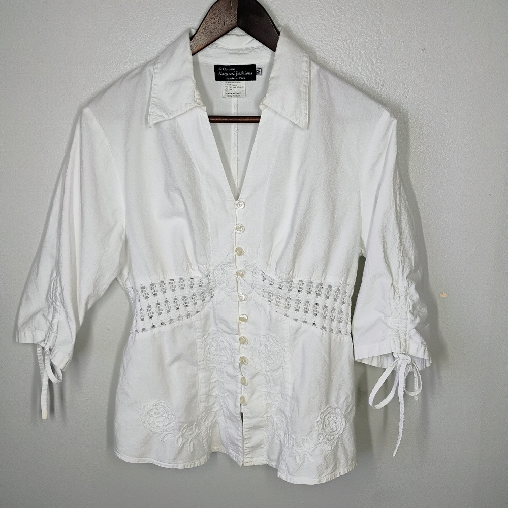 G Designs Y2K White Top Womens Medium Collar Knit Floral Cottagecore‎ Boho Chic